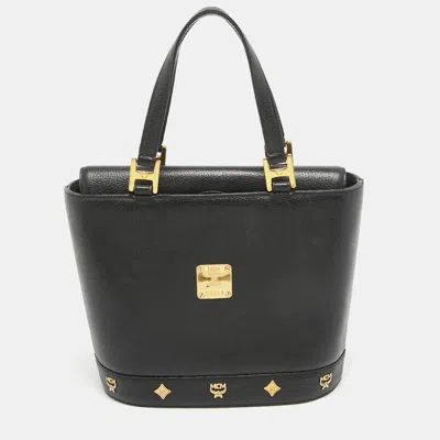 Mcm Leather Flap Studded Bucket Tote In Black