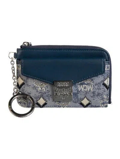 Pre-owned Mcm Leather Graphic Print Card Holder In Blue
