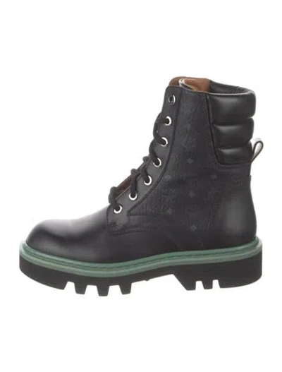 Pre-owned Mcm Leather Graphic Print Combat Boots In Black