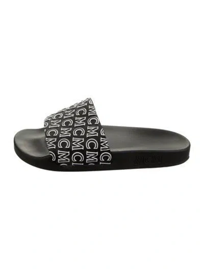 Pre-owned Mcm Leather Graphic Print Slides In Black/silver