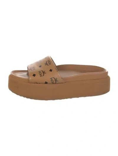 Pre-owned Mcm Leather Graphic Print Slides In Brown