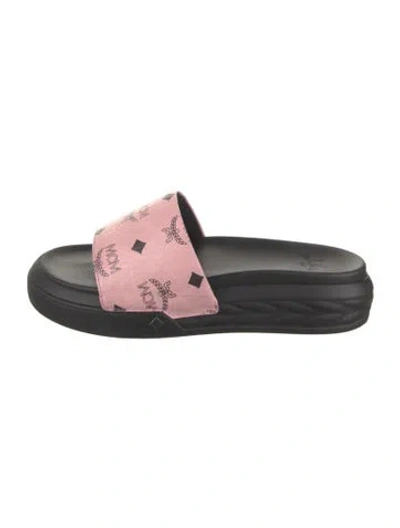 Pre-owned Mcm Leather Graphic Print Slides W/ Tags In Black