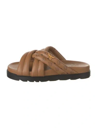 Pre-owned Mcm Leather Graphic Print Slides W/ Tags In Brown