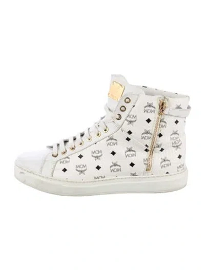 Pre-owned Mcm Leather Graphic Print Sneakers In White