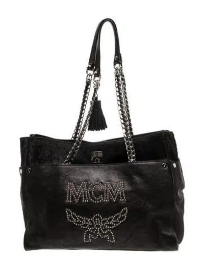 Pre-owned Mcm Leather Graphic Studded Leather Tote In Black