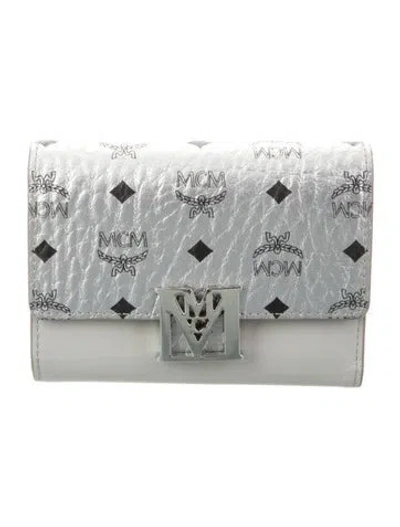 Pre-owned Mcm Leather Patterned Compact Wallet In Silver