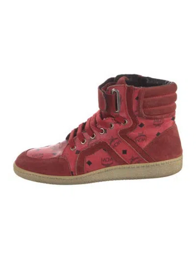Pre-owned Mcm Leather Printed Lace-up Boots In Red
