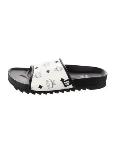 Pre-owned Mcm Leather Printed Slides In Black