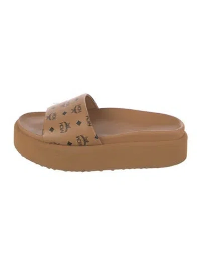 Pre-owned Mcm Leather Printed Slides In Brown
