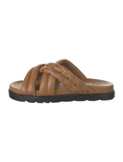 Pre-owned Mcm Leather Printed Slides W/ Tags In Brown