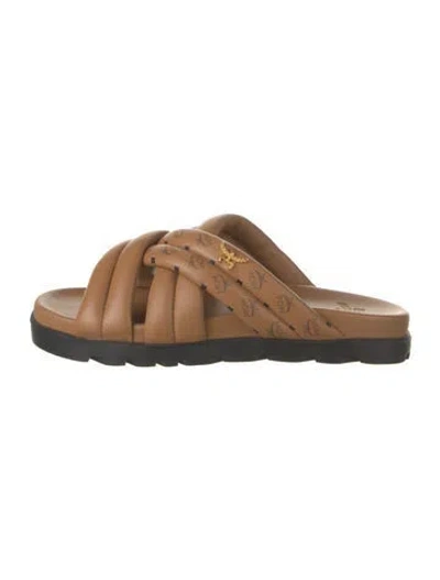 Pre-owned Mcm Leather Printed Slides W/ Tags In Brown