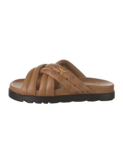 Pre-owned Mcm Leather Printed Slides W/ Tags In Brown