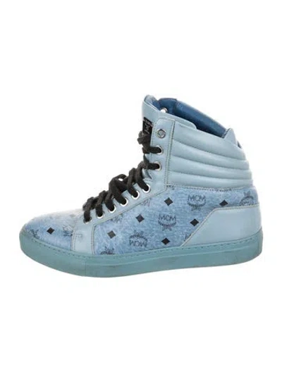 Pre-owned Mcm Leather Printed Wedge Sneakers In Blue