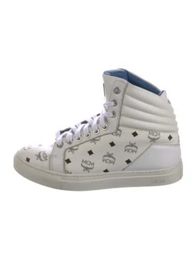 Pre-owned Mcm Leather Printed Wedge Sneakers In White