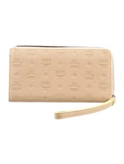 Pre-owned Mcm Leather Printed Wristlet In Neutrals/yellow
