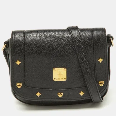 Mcm Leather Studded Flap Crossbody Bag In Black