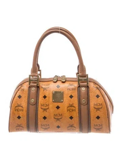 Pre-owned Mcm Leather Visetos Top Handle Bag Small In Brown