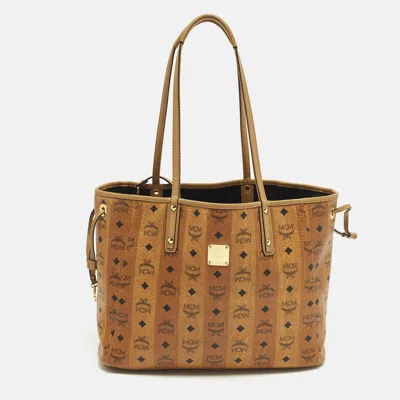 Pre-owned Mcm Liz Reversible Tan Visetos Coated Canvas And Fabric Tote In Brown