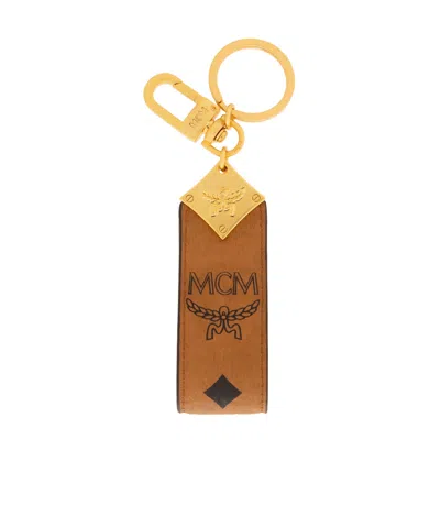 Mcm Aren Diamond Logo Key Holder In Visetos In Cognac