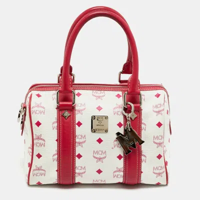 Pre-owned Mcm Logo Charm Pink/white Visetos Coated Canvas And Leather Boston Bag
