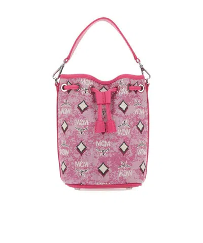 Mcm Logo Embroidered Bucket Bag In Pink