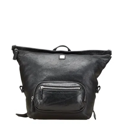 Mcm Logo Plate Leather Backpack In Black