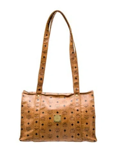 Pre-owned Mcm Logo Print Coated Canvas Shoulder Bag In Brown