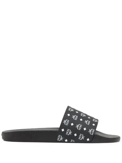 Mcm Monogram Print Rubber Slides In Black