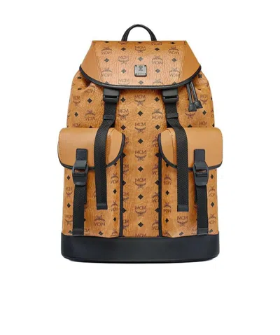Mcm Logo Printed Backpack In Brown