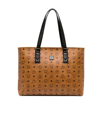 Mcm Logo Printed Handbag In Brown