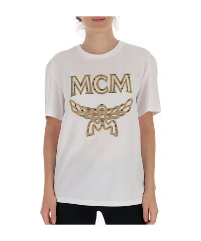 Mcm Logo Printed Round Collar T-shirt In White