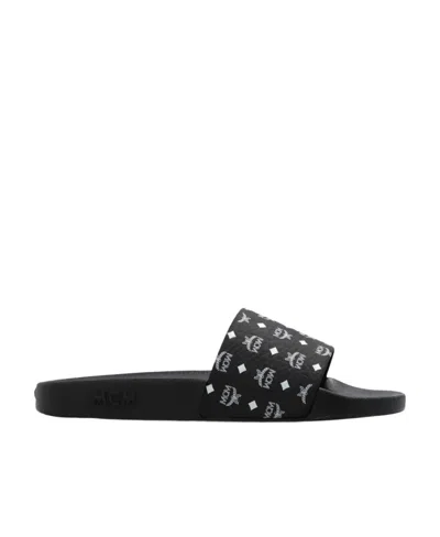 Mcm Logo Slippers In Black