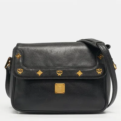 Pre-owned Mcm Logo Studded Black Leather Flap Shoulder Bag