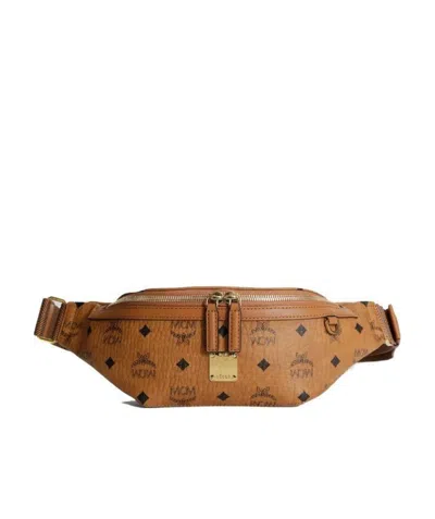 Mcm Logo Zipper Small Waist Bag In Brown