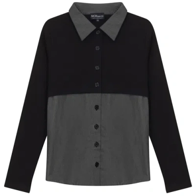 Mcm Maternity Contrast Collar Denim Panel Button Front Blouse In Black