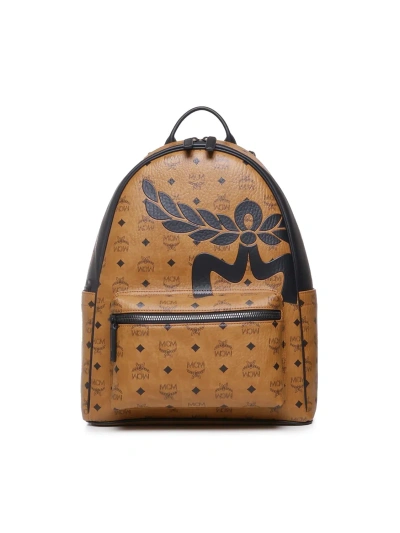 Mcm Maxi Visetos Backpack With Oversized Laurel Logo Motif And Natural Nappa Leather Trim In Brown