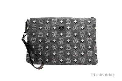 Mcm Veritas Medium Dark Grey Denim Monogram Logo Canvas Clutch Pouch Women's Handbag In Black