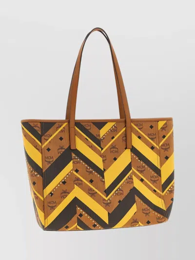 MCM MEDIUM CHEVRON TOTE BAG DUAL HANDLES STUDDED