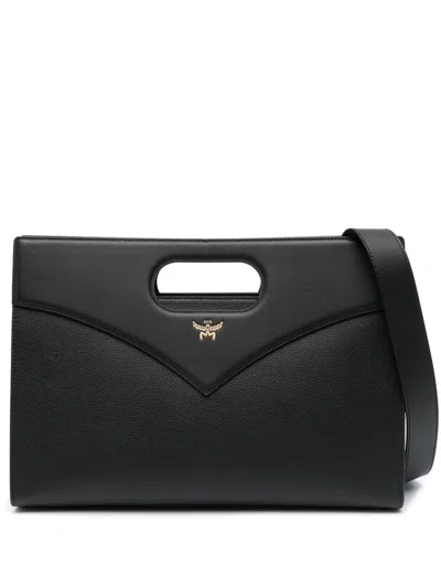 Mcm Medium Debossed-logo Leather Bag In Black