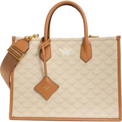 Mcm Medium Himmel Lauretos Coated Canvas Tote In Brown