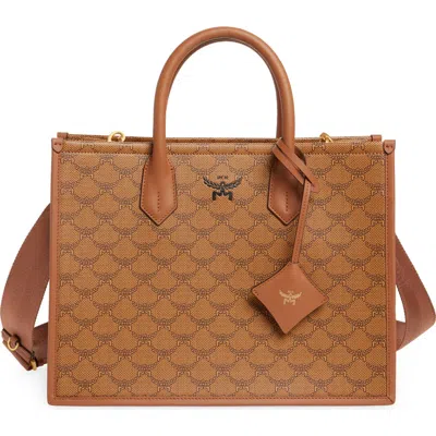 Mcm Medium Himmel Lauretos Coated Canvas Tote In Cognac