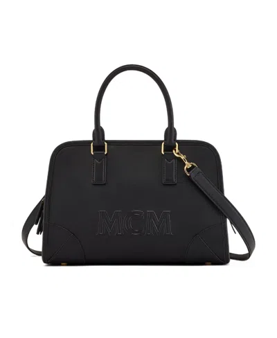 Mcm Medium Logo Embossed Aren Boston Bag In Black