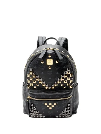 Pre-owned Mcm Medium Stark Visetos Studded Backpack In Black
