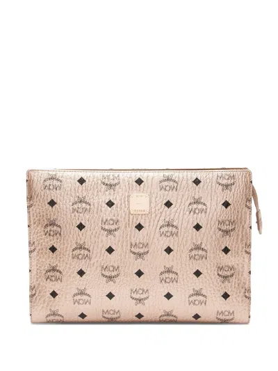 Pre-owned Mcm Medium Visetos Zip Clutch Bag In Neutral