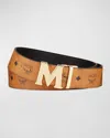 Mcm Claus M Reversible Belt In Black Logo Visetos In Cognac