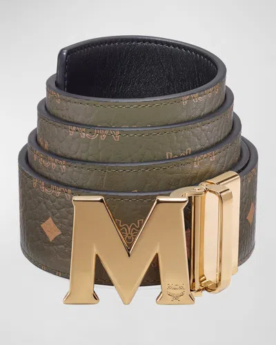Mcm Men's Claus Monogram Reversible Belt In Dark Green