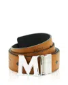 Mcm Visetos Engraved Logo Buckle Reversible Belt In Cognac/silver
