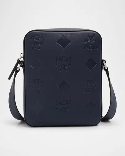 Mcm Klassik Mini Maxi Monogram Embossed Leather Crossbody Bag In Navy Blazer