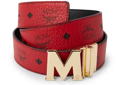 Pre-owned Mcm Men's  Claus M Reversible Belt Visetos 1.75w 51in/130cm In Ruby Red
