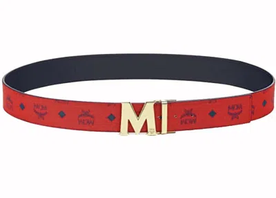 Pre-owned Mcm Men's  Claus M Reversible Belt Visetos In Ruby Red/blue